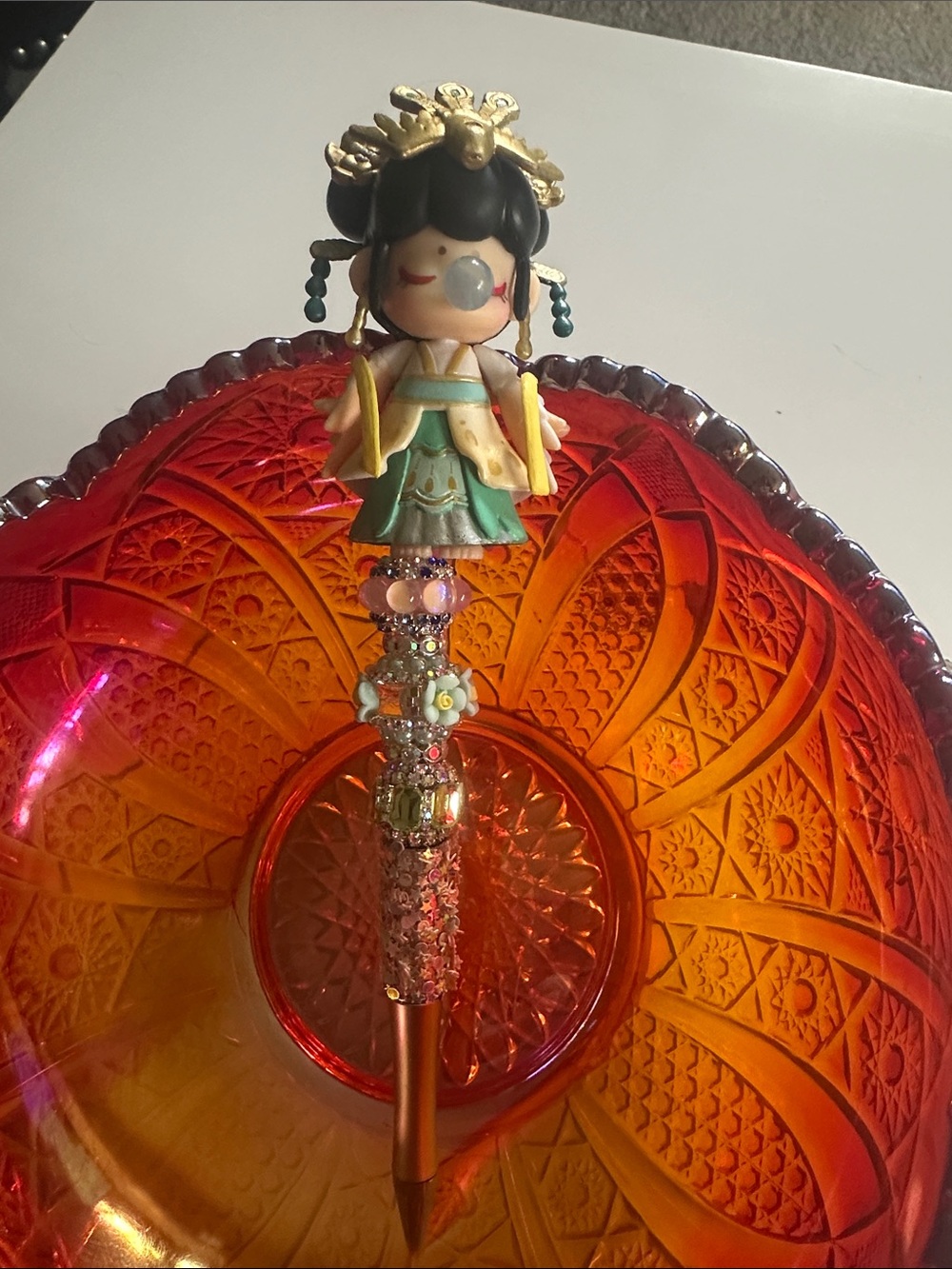 Handcrafted Green and Gold Doll-Top Decorative Pen